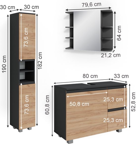 Vicco Ensemble de meubles de salle de bain en forme de J, Grijs/ Chêne, 3 parties