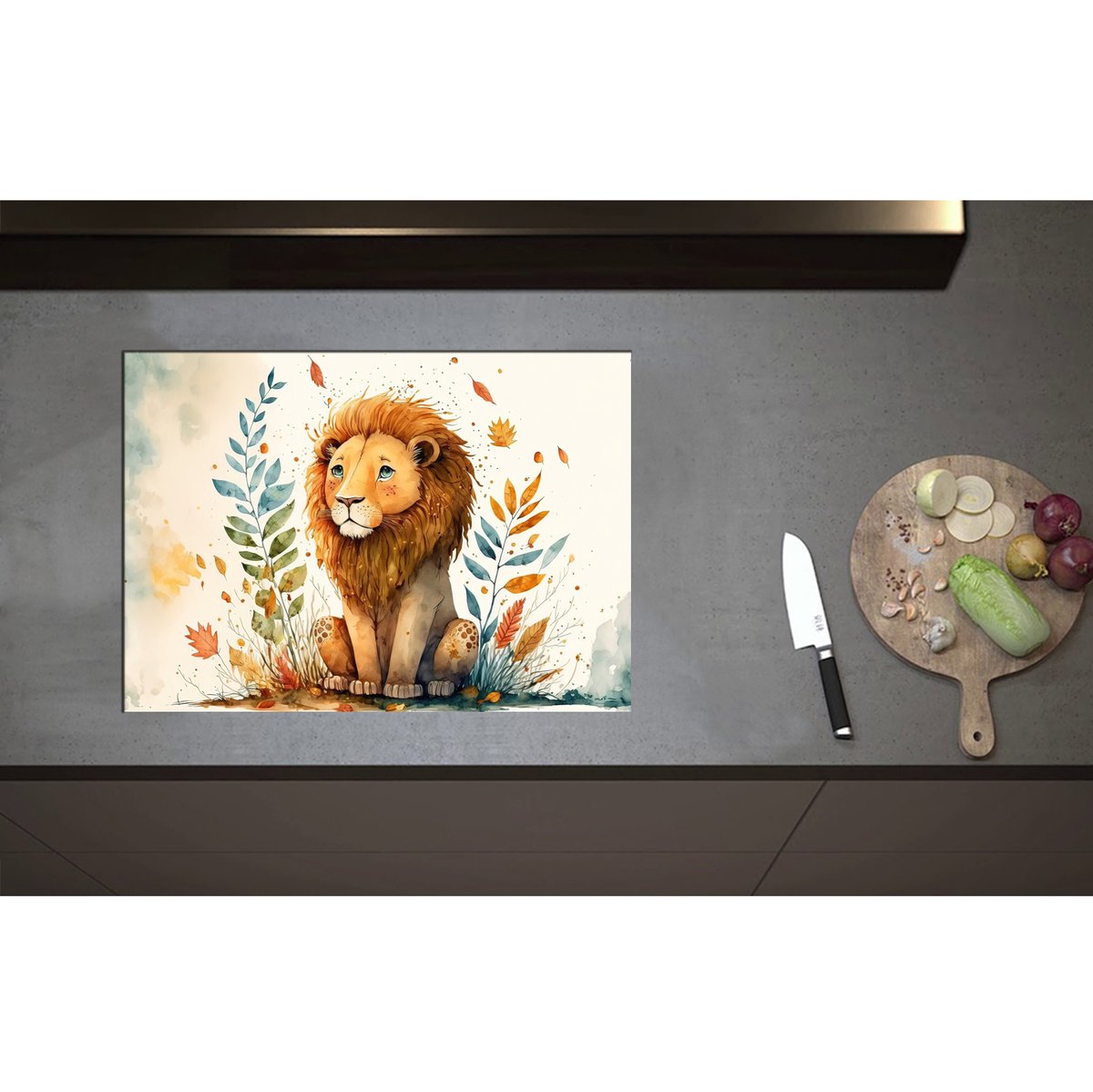 Inductieplaat Beschermer - Cartoon Tekening van Leeuw omringd door Kleurrijke Planten - 70x50 cm - 2 mm Dik - Inductie Beschermer - Bescherming Inductiekookplaat - Kookplaat Beschermer van Zwart Vinyl