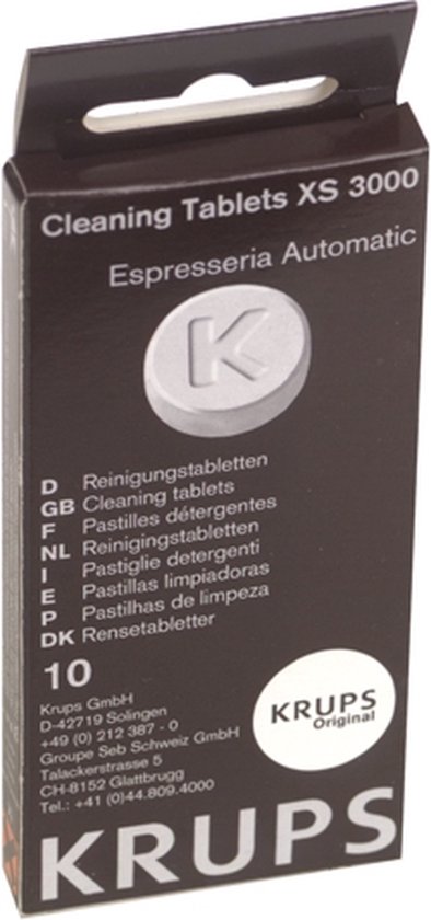 Zwarte Krups verpakking voor reinigingstabletten.