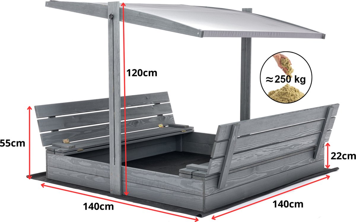 Afsluitbare XL Zandbak met Dak 140x140 cm – Gecertificeerd & Geïmpregneerd Hout | Incl. AFDEKZEIL, GRONDDOEK & Montagevideo | Voor 2-3 Kinderen | Grijs — afbeelding 9