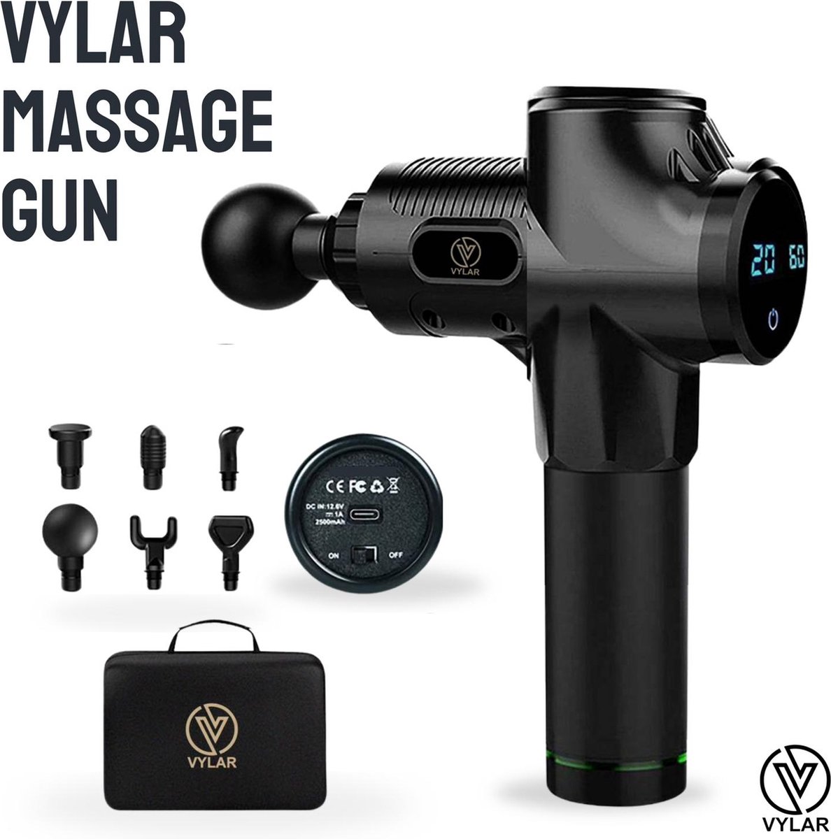 Vylar Massage Gun Professioneel - Inclusief Koffer en 6 Opzetstukken - Sport en Relax Massage apparaat - Krachtig en Draadloos - Professioneel Massage pistool - Fitness - Vylar - €54,90