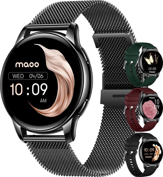 Maoo Ventura AMOLED Smartwatch Dames - RVS en 3x Siliconen Bandje - Stappenteller - Hartslagmeter - Slaapmonitor - Multisport - Geschikt voor Android en iOS - Zwart