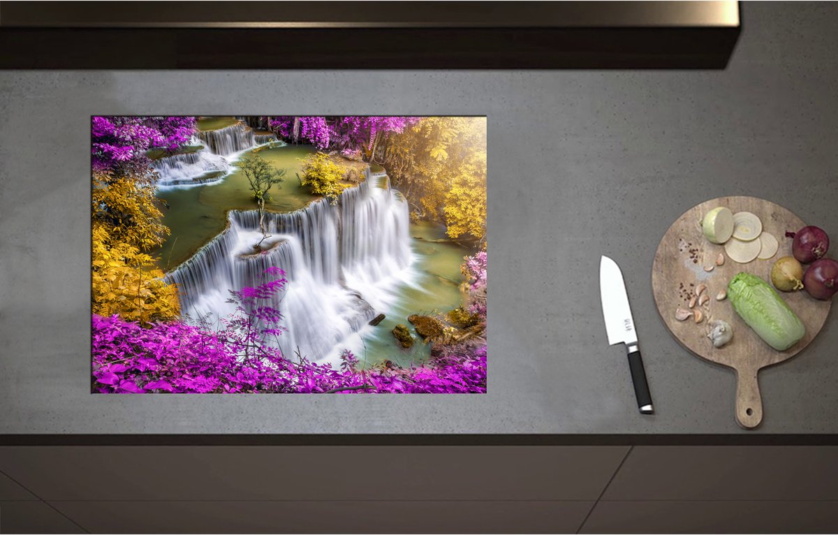 Inductieplaat Beschermer - Bovenaanzicht van Hoge Watervallen omringd door Paars - 71x50 cm - 2 mm Dik - Inductie Beschermer - Bescherming Inductiekookplaat - Kookplaat Beschermer van Wit Vinyl