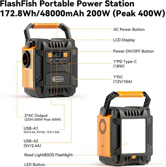 FlashFish P66 Draagbaar powerstation 230 W, 88 uur, zonne