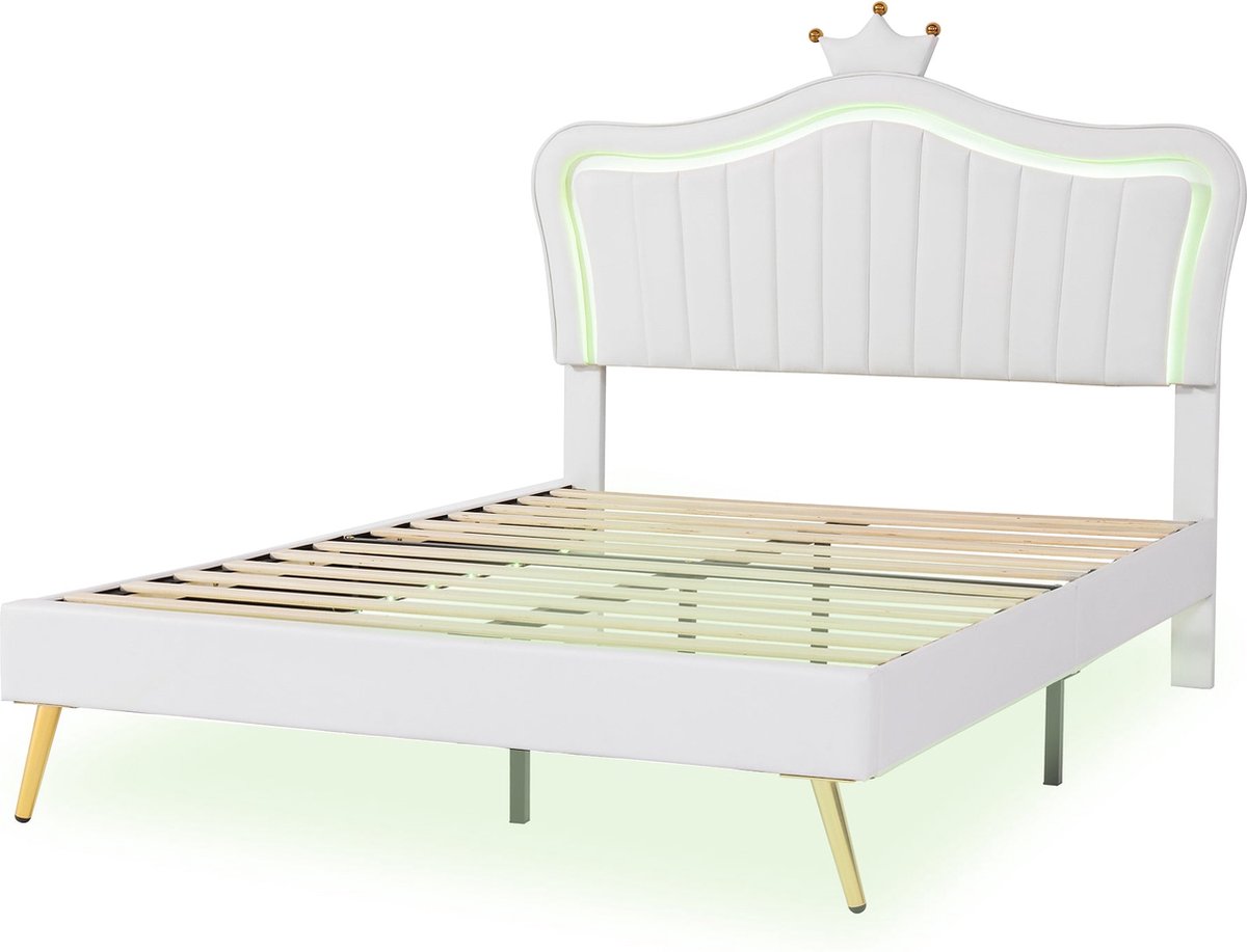 Merax Kinderbed 140x200 cm Gestoffeerd Bed met LED Verlichting en Hoofdbord in Schelpvorm met Kroon Wit Kunstleer met Lattenbodem