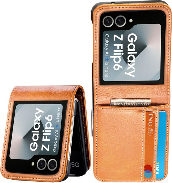 Foto: Book case hoesje geschikt voor samsung galaxy z flip 6 flip hoes cover portemonnee bruin