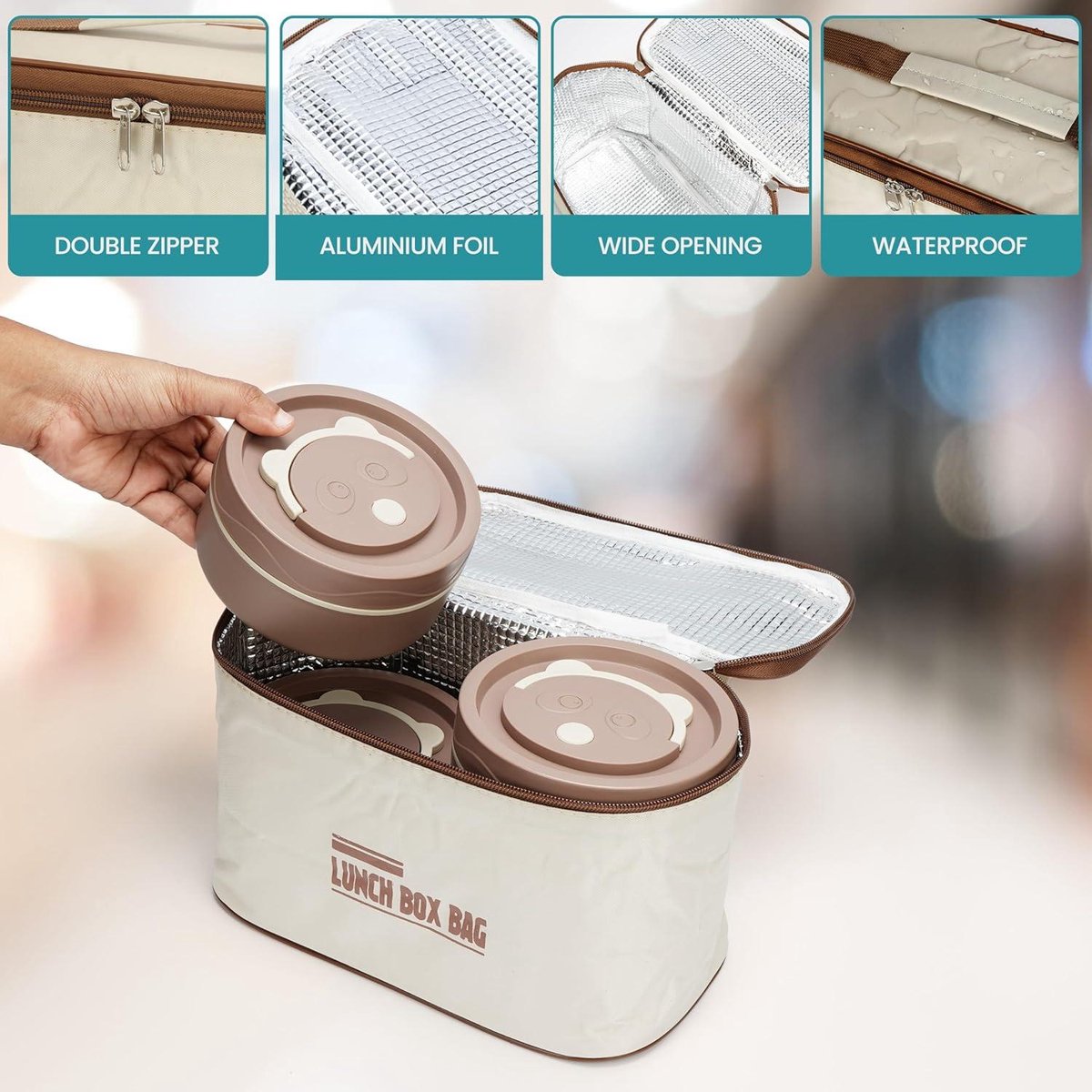 5-Piece Portable Insulated Lunch Container Set with Cutlery Leakproof Stackable Food Bento Boxes Thermal Bag Included Brown