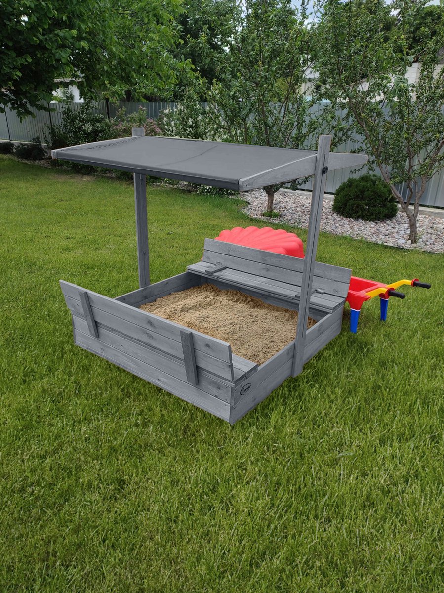 Afsluitbare XL Zandbak met Dak 140x140 cm – Gecertificeerd & Geïmpregneerd Hout | Incl. AFDEKZEIL, GRONDDOEK & Montagevideo | Voor 2-3 Kinderen | Grijs — afbeelding 11