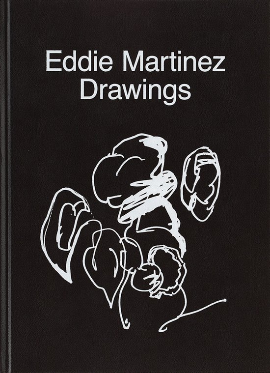 Zwart boek met de titel "Eddie Martinez Drawings" in witte letters en een witte schets van een hoofd met krullend haar.