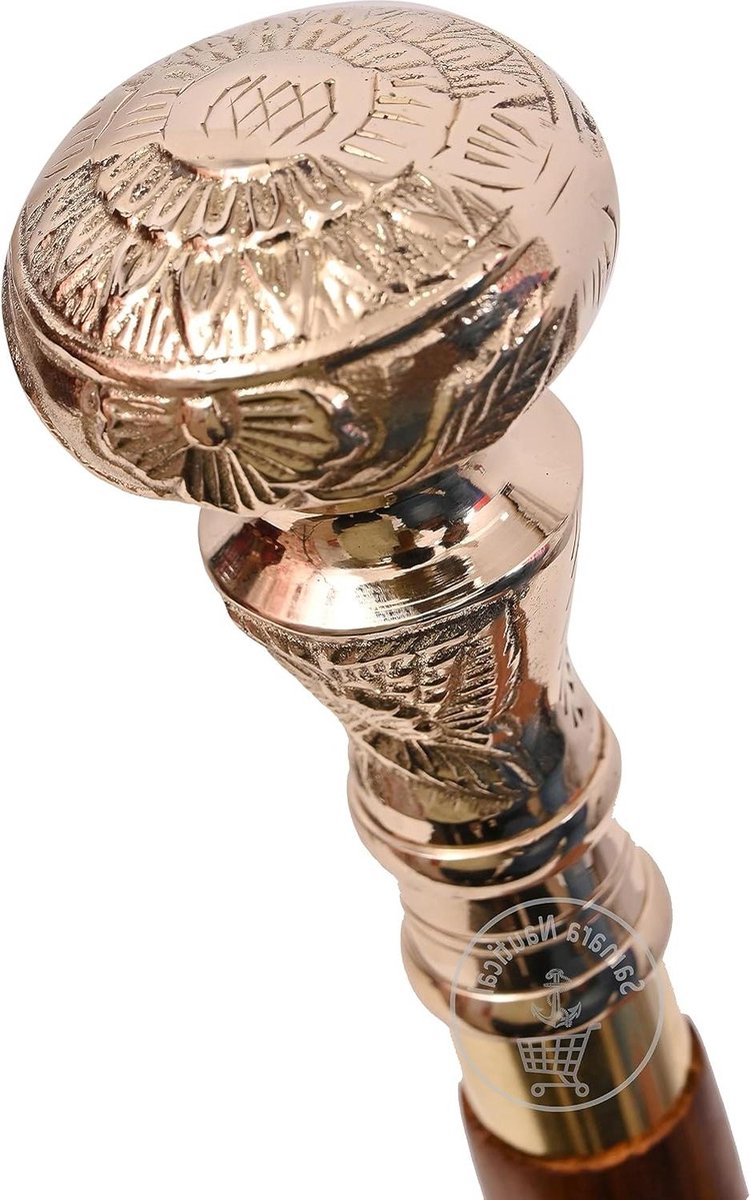 Canne De Marche Victorienne En Laiton Massif - Poignée Sculptée - Style Ancien - 98 Cm
