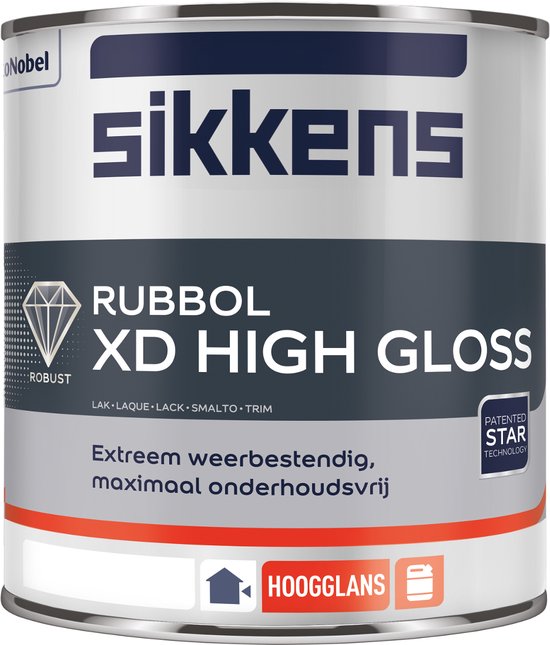Blik Sikkens Rubbol XD High Gloss lak. De tekst op het blik is "RUBBOL XD HIGH GLOSS" en "HOOGGLANS".