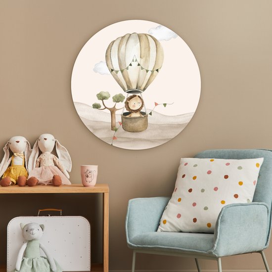 WallCircle® Wandcirkel 60x60 cm - Muurcirkel Luchtballon - Leeuw - Watercolor - Safari - Dieren - Kinderkamer - Babykamer - Muurdecoratie cirkel woonkamer - Wanddecoratie slaapkamer - Kamer decoratie accessoires - Ronde schilderijen