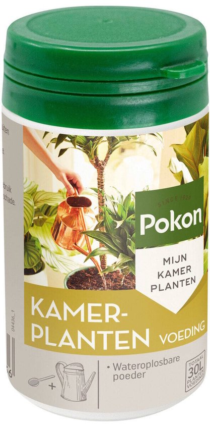 Pokon Kamerplanten Voeding pot met groene deksel, label met afbeelding van plantverzorging en tekst "KAMERPLANTEN VOEDING".