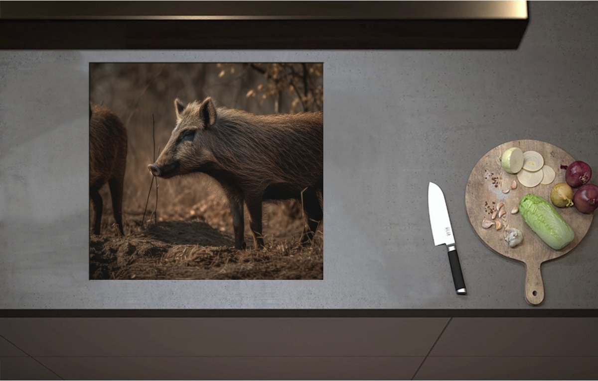 Inductieplaat Beschermer - Bruine zwijnen in een bos omgeving - 59x55 cm - 2 mm Dik - Inductie Beschermer - Bescherming Inductiekookplaat - Kookplaat Beschermer van Wit Vinyl