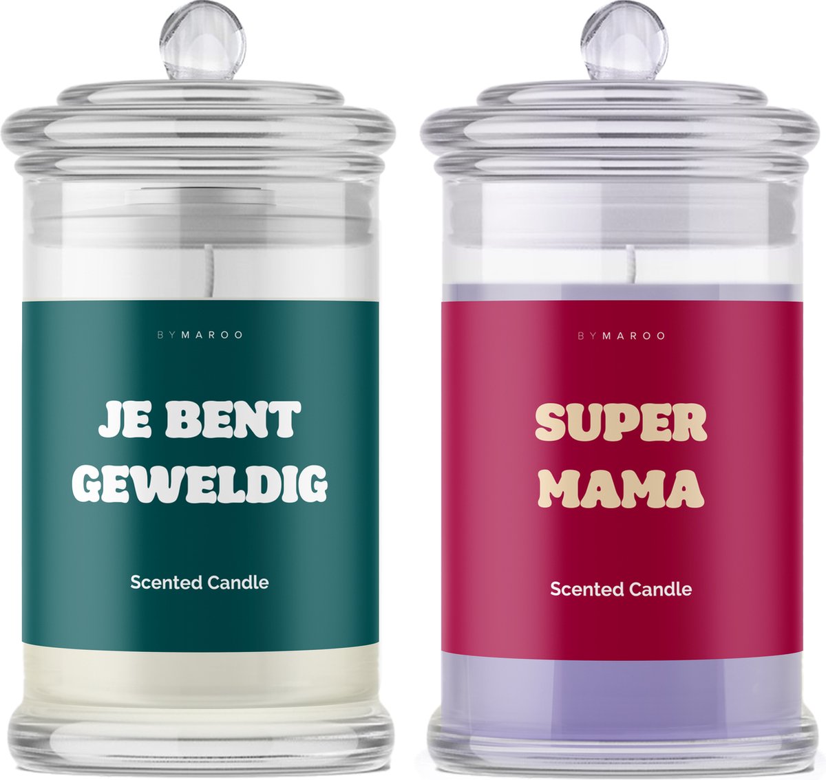 Kaarsen geschenkset Moeder - Super Mama Je Bent Geweldig - Grappige Lavendel & Cotton Geurkaarsen voor Moeder - in Glas met Tekst - Verjaardag Cadeau mama - Geschenkset - Happy Birthday - Verwenpakket Vrouw Cadeautje voor Haar