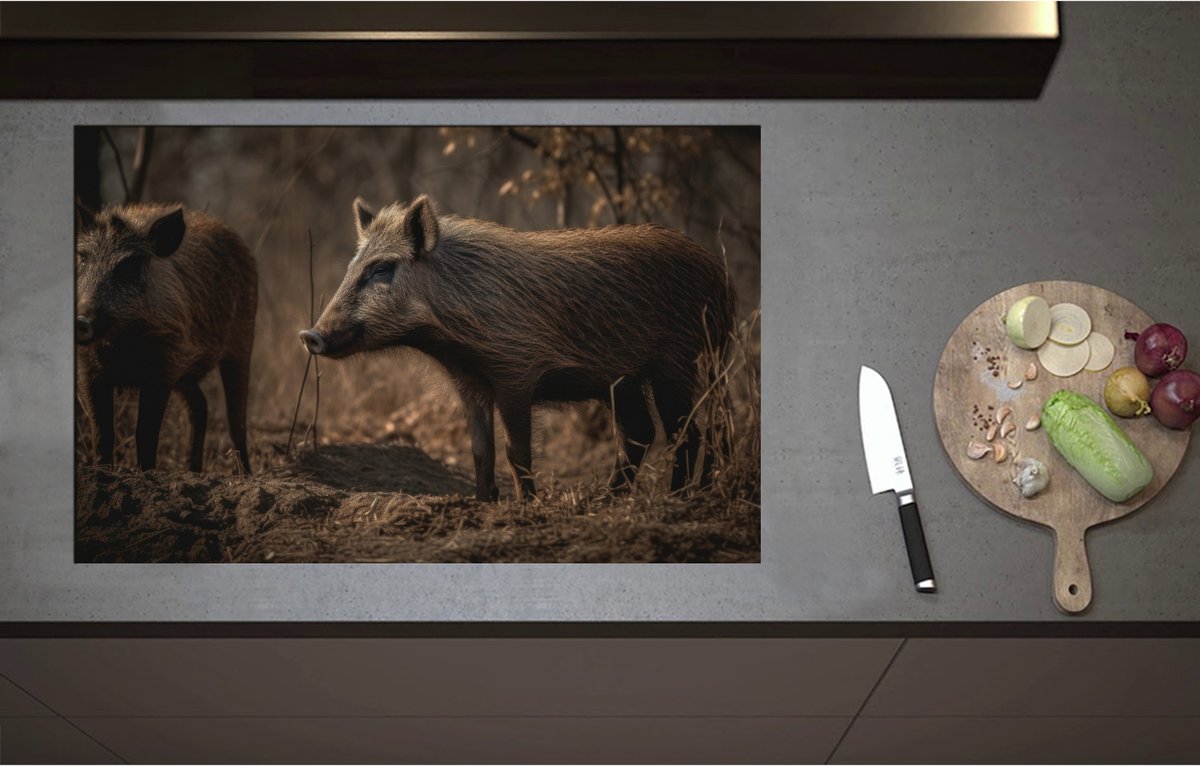 Inductieplaat Beschermer - Bruine zwijnen in een bos omgeving - 85x55 cm - 2 mm Dik - Inductie Beschermer - Bescherming Inductiekookplaat - Kookplaat Beschermer van Wit Vinyl