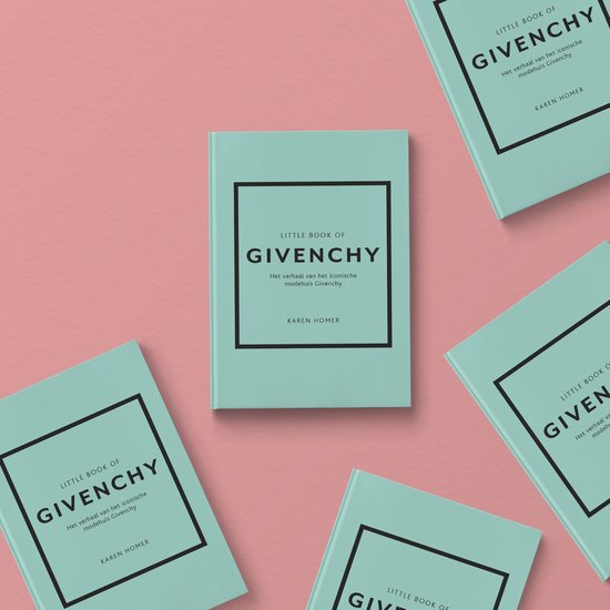 Boekomslag 'Little Book of Givenchy' in cyaan, op een roze achtergrond, met meerdere exemplaren.