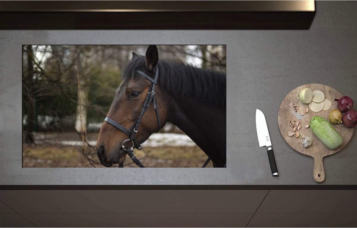 Inductieplaat Beschermer - Bruin paard met halster om buiten - 85x52 cm - 2 mm Dik - Inductie Beschermer - Bescherming Inductiekookplaat - Kookplaat Beschermer van Wit Vinyl