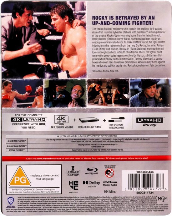 Achterkant "Rocky V" Blu-ray. Twee mannen in een boksscène, met tekst en technische specificaties.