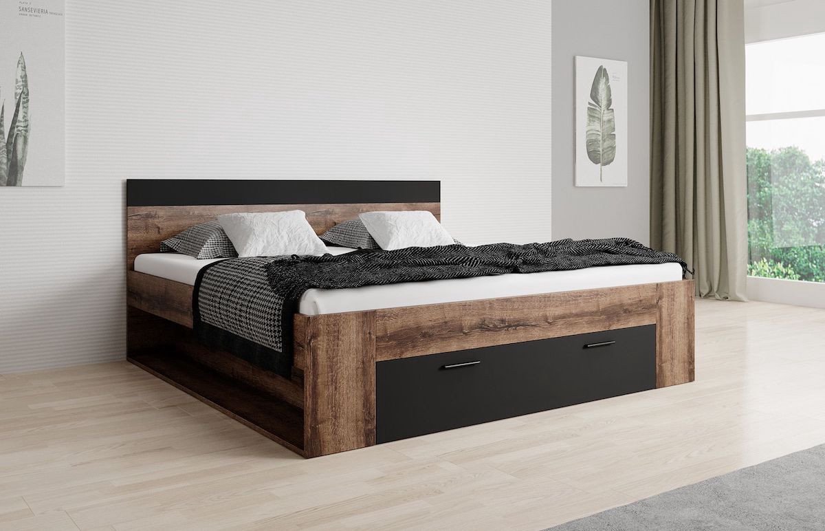 MEUBELLA Tweepersoonsbed Brown - Zwart - Eiken - 180x200 cm