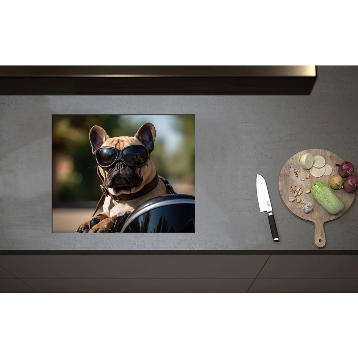 Inductieplaat Beschermer - Bulldog Hond met Zonnebril Rijdend op Motor - 60x50 cm - 2 mm Dik - Inductie Beschermer - Bescherming Inductiekookplaat - Kookplaat Beschermer van Wit Vinyl