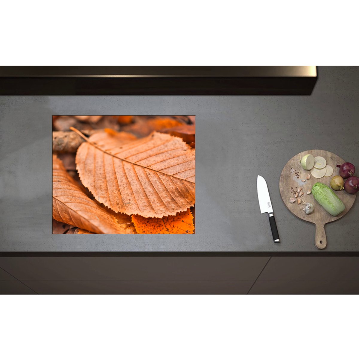 Inductieplaat Beschermer - Bruin Herfstblad - 60x50 cm - 2 mm Dik - Inductie Beschermer - Bescherming Inductiekookplaat - Kookplaat Beschermer van Zwart Vinyl