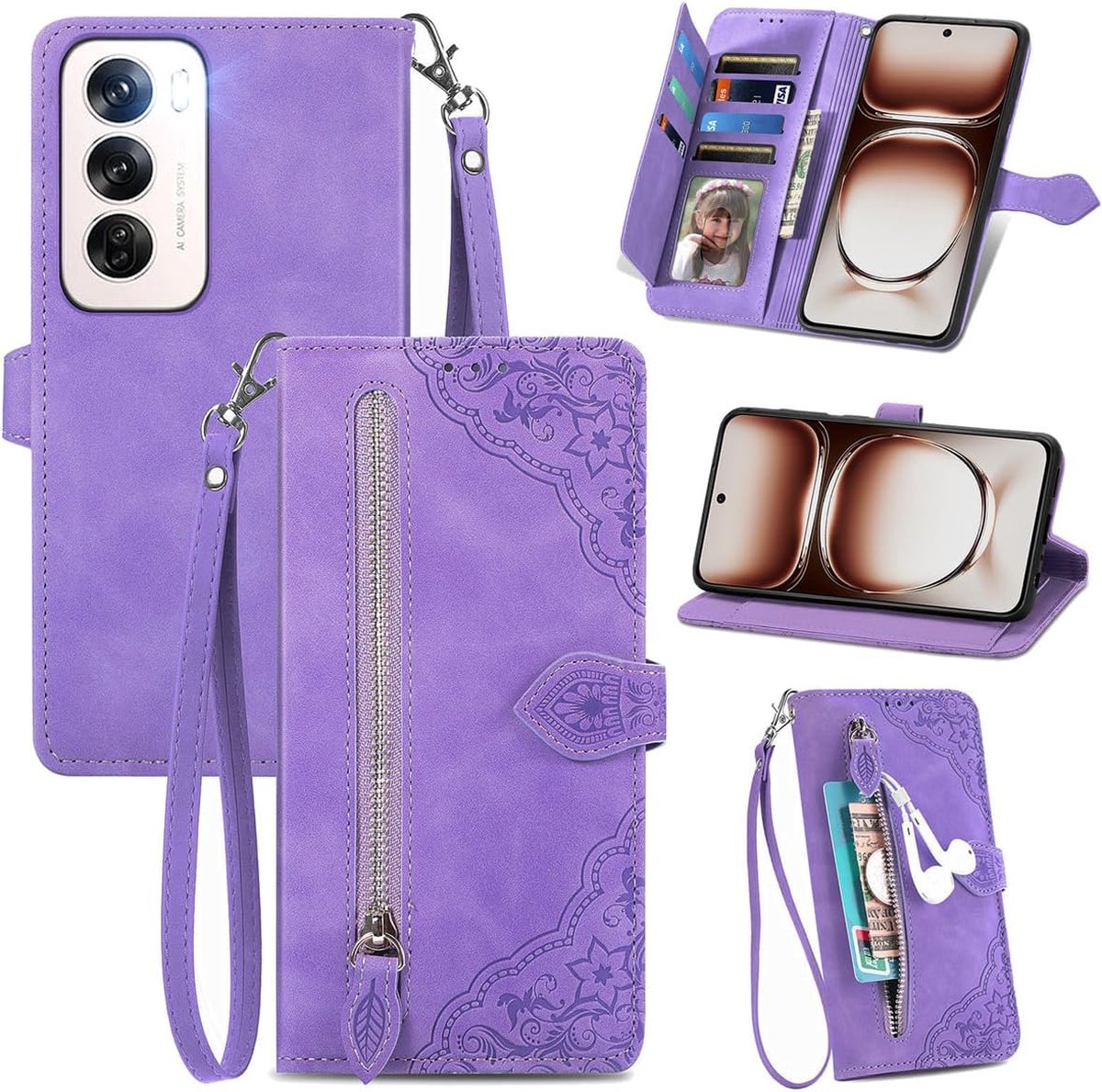 Geschikt voor Oppo Reno 12 Pro 5G - Book Case - Multifunctioneel kaarthouder hoesje met Rits - Paars