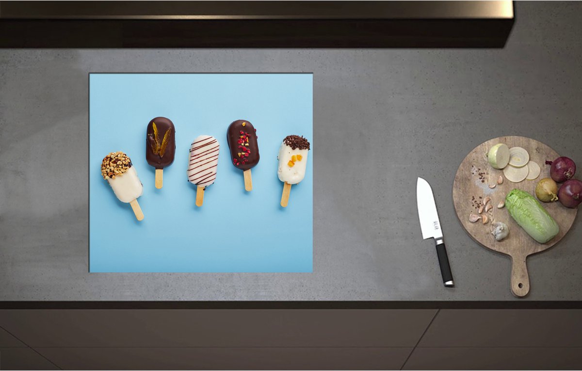 Inductieplaat Beschermer - Chocolade Ijsjes met Toppings - 58x52 cm - 2 mm Dik - Inductie Beschermer - Bescherming Inductiekookplaat - Kookplaat Beschermer van Zwart Vinyl