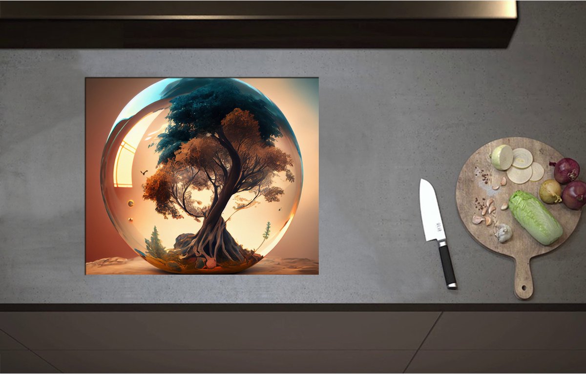 Inductieplaat Beschermer - Bruine en Blauwe Boom Groeiend in Glazen Bol - 60x51 cm - 2 mm Dik - Inductie Beschermer - Bescherming Inductiekookplaat - Kookplaat Beschermer van Wit Vinyl