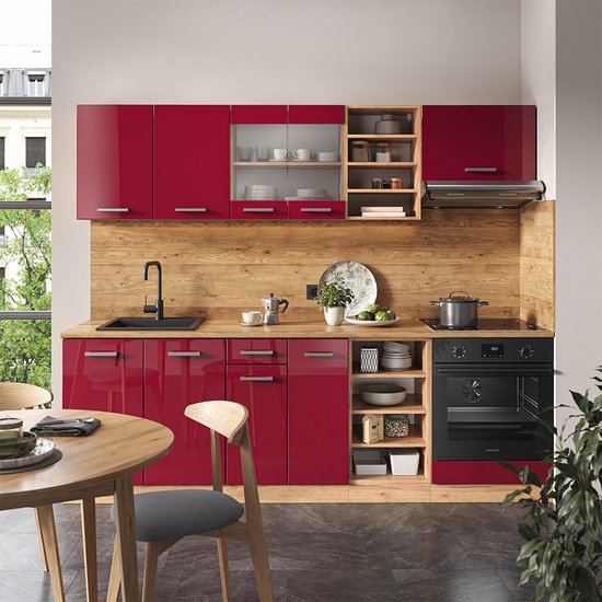 Meuble de cuisine complet Vicco R- Line, Bordeaux brillant/chêne doré/chêne puissant doré, 240 cm sans plan de travail