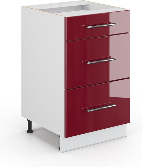 Vicco Élément bas de cuisine Fame- Line, Rouge bordeaux brillant / Wit, 50 cm sans plan de travail