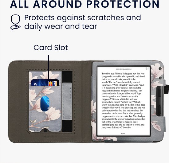 kwmobile e-reader hoesje geschikt voor Kobo Libra Colour hoes - E reader flip case van kunstleer - Ereader cover met stand - Magnolia design in taupe / wit / blauwgrijs van Merkloos — afbeelding 5