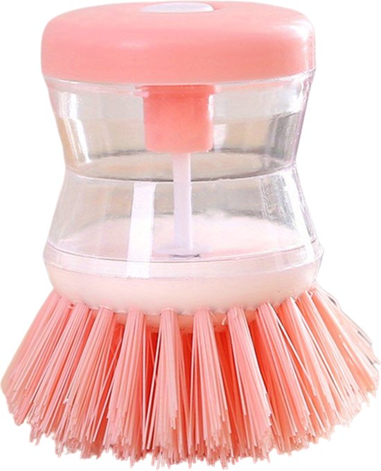 Roze afwasborstel met zeepdispenser, op witte achtergrond.