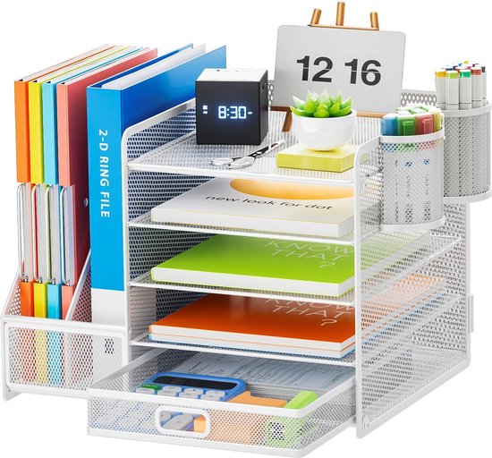 Organiseur De Bureau, Bac à Courrier En Papier, Organiseur De Fichiers De Bureau à 5 Niveaux Avec Tiroir Supplementaire Et 2 Porte Stylos Organiseur De Bureau En Maille Pour Fournitures De Bureau A