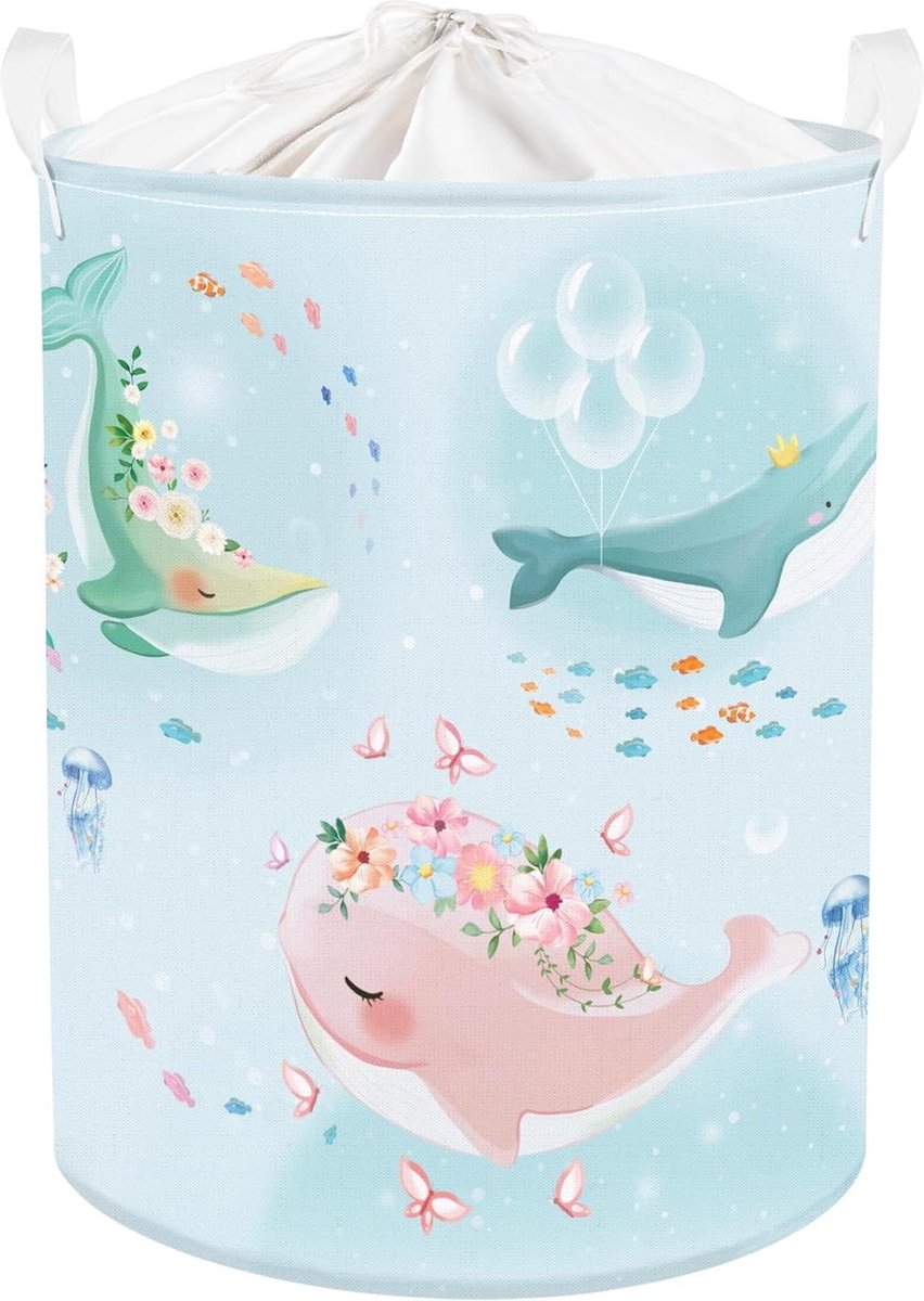 Goedkoopste Roze Walvis Wasmand 45L Kinderen - Ronde Blauwe Oceaan Vuile Kleren Kinderkamer Hamper - Butterfly Bloem Speelgoed Opbergmanden met Koord