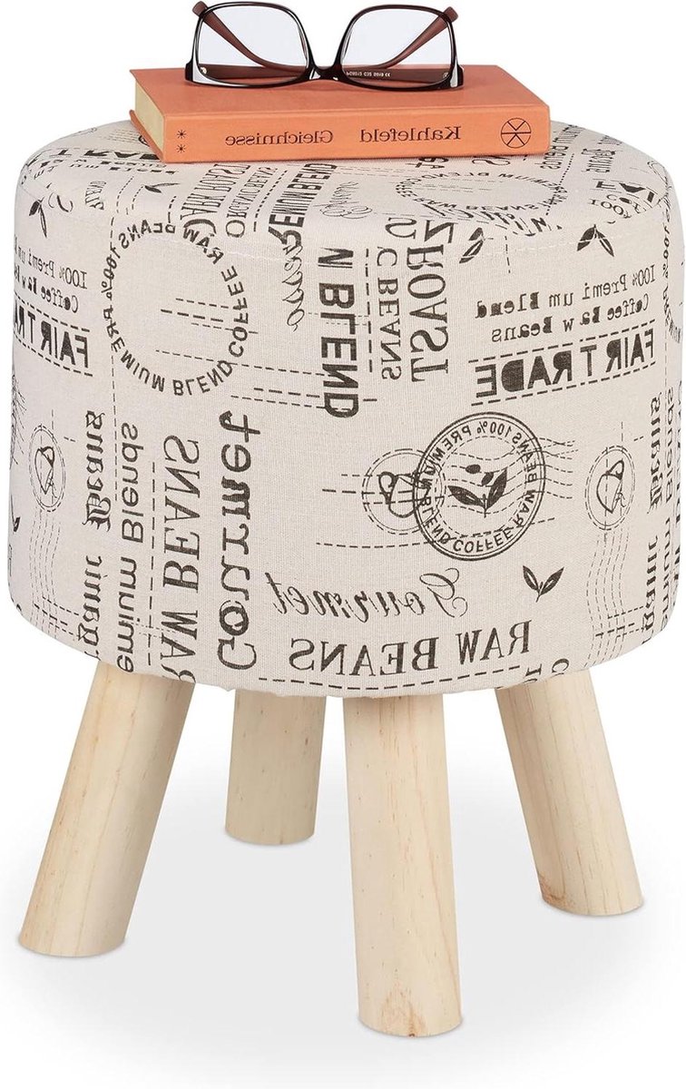 Stoffen bekleding houten poten krukje ronde hocker gepolsterd woonkamer kaptafel - HxØ 38 x 32 cm beige
