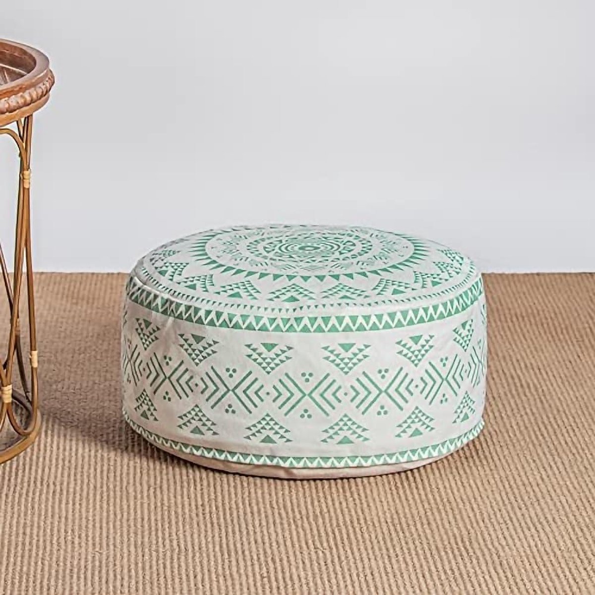 Boho geometrische ongevulde ronde poefhoes - kleurrijk - handvat - decoratieve voetenbank - woonkamer slaapkamer terras - lichtgroen - 45 x 45 x 20 cm