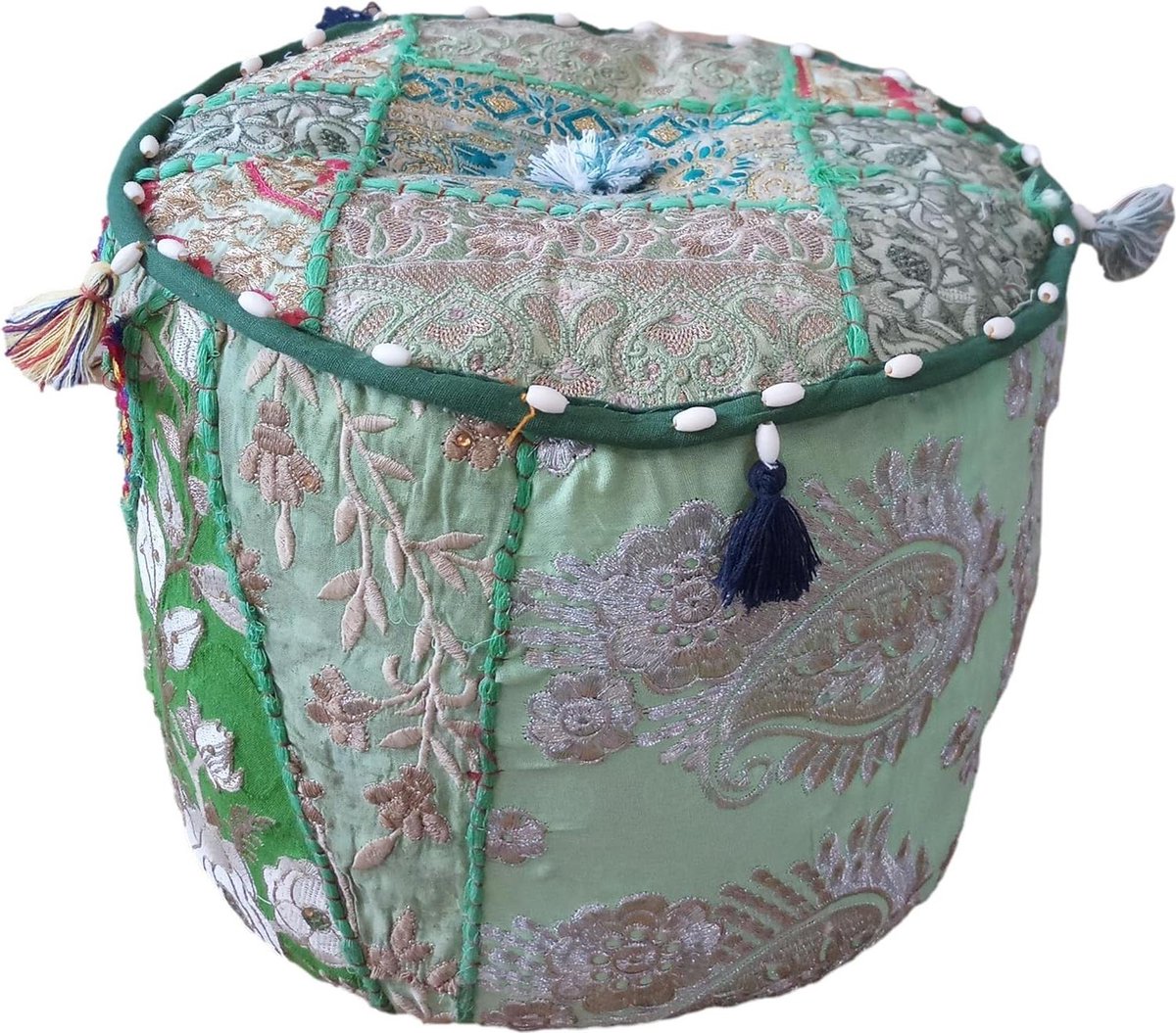 Indiase Boheemse Stijl Ottomaanse Poef Decor Voetbank Vloer Kussen - Geborduurde Poef Patchwork Stoel voor kinderen Groen