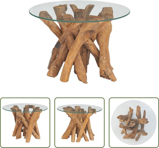The Living Store Salontafel Teakhout - Massief Houten Basis - Gehard Glazen Tafelblad - Retro Stijl - Bruin - 60x0.8 cm
