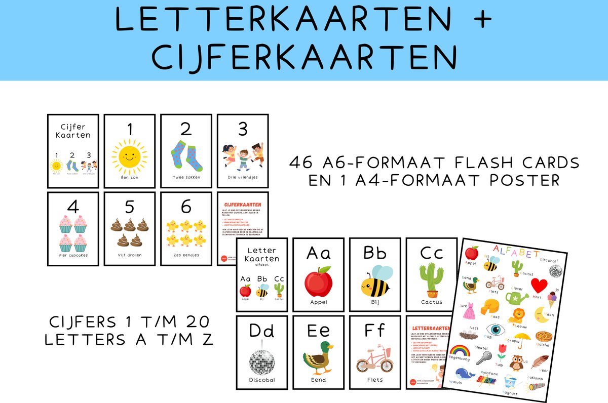 Set letterkaarten alfabet en cijferkaarten voor kinderen Totaal 46 flash cards Spelenderwijs kennis maken met letters woorden cijfers en aantallen Leren tellen Stimuleer taalkennis Gedrukt op stevig A6 formaat papier