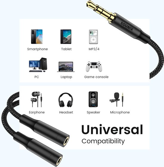 Sounix Audio Splitter - 3.5 mm Jack - Male naar Female - Zwart | bol