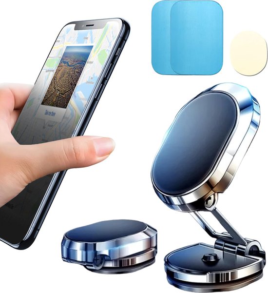 Magnetische autohouder met telefoon, inclusief telefoon en twee magnetische plaatjes.