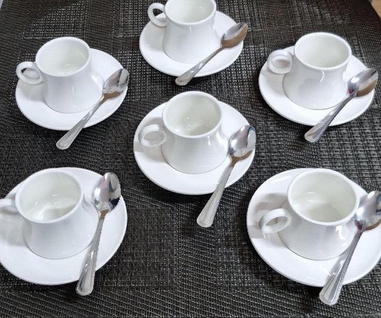 Foto: Koffiekopjes schoteltje wit keramiek 6 stuks metalen koffielepels moderne koffieset cadeauset espresso koffie solo gesneden koffiekopjes set van 6