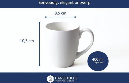 Hanseküche Set van 6 grote koffiekopjes - Gemaakt van hoogwaardig massief keramiek - Grote handgrepen - Wit