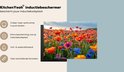 Een kookplaatafdekking met een veld vol rode, oranje, roze en blauwe klaprozen, naast iconen die bescherming en makkelijk schoonmaken aangeven.