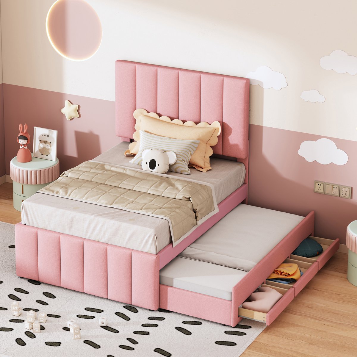 Sweiko Kinderbed, Gestoffeerd bed 90 x 200 cm, Met Opklapbed en opberglades, Huidvriendelijk linnen interieur, plat eenpersoonsbed, wieg, jeugdbed, Roze, (Zonder matras)