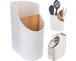 Keukengerei Houder Bamboe WHITELINE - Spatelpot - Organizer - Bestekbak - Bestekhouder Staand - Bestekbak - Bestek Afdruiprek - Afwasrek - Bestekstandaard