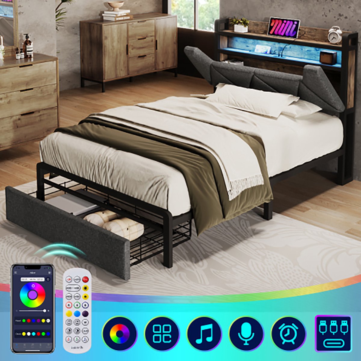 KOMHTOM Bed met laden Gestoffeerd bed met oplaadfunctie USB Type C Eenpersoonsbed 90x200 c