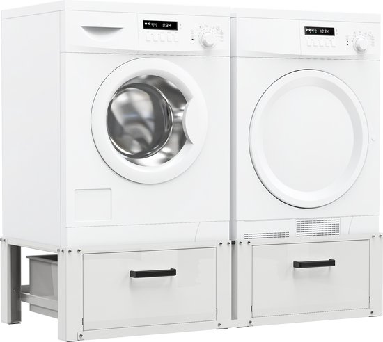 Bodo® - Wasmachine Verhoger - Dubbele Wasmachine Verhoger Met Opberglade - Wasmachine opbouwmeubel - Wasmachine Sokkel - Universeel - Wit