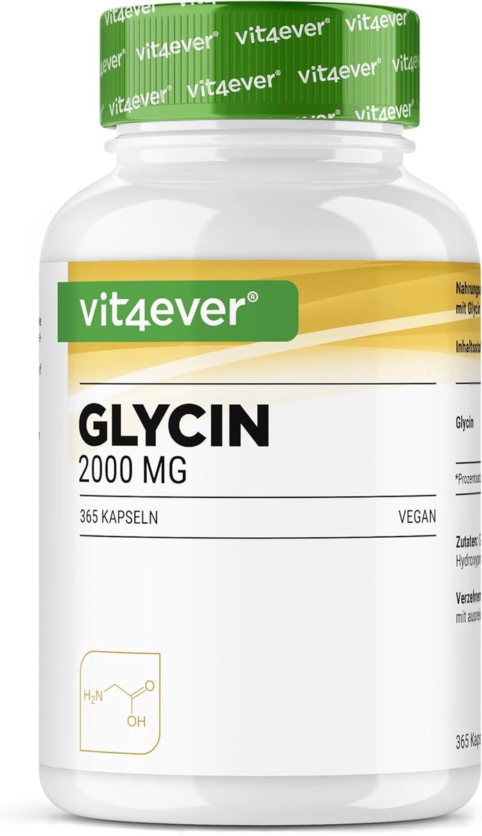 Goedkoopste Glycine – 365 capsules – hoog gedoseerd met 2000 mg per dagelijkse portie – zeer hoge zuiverheid – zonder additieven – veganistisch - Vit4ever